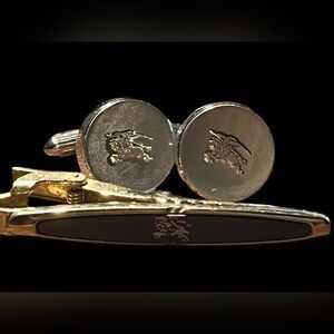 Silver Burberry Tie Clip and Cuff Links